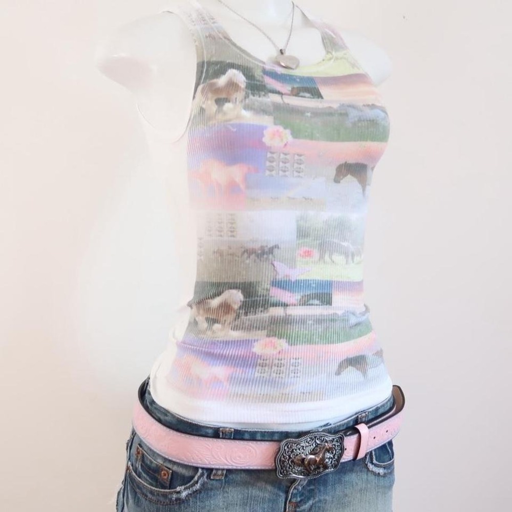 y2k dreamcore horse tank white ribbed graphic baby tee - Picture 6 of 8